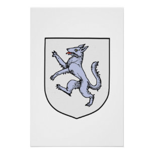 Póster Lobo Gris Rampante en un Escudo Blanco