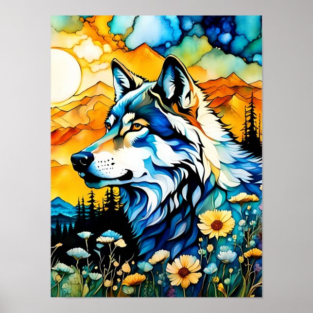Póster Lobo gris y flores silvestres (Frente)