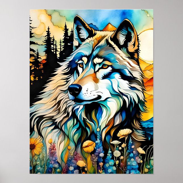 Póster Lobo gris y flores silvestres (Frente)