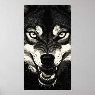Póster Lobo Gruñón Años 50 Estilo Gráfico Blanco Negro