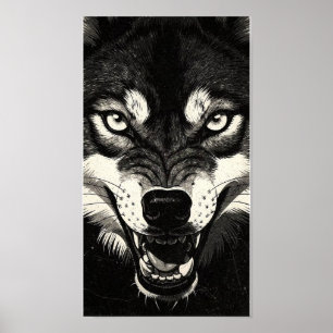 Póster Lobo Gruñón Años 50 Estilo Gráfico Blanco Negro