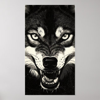 Póster Lobo Gruñón Años 50 Estilo Gráfico Blanco Negro