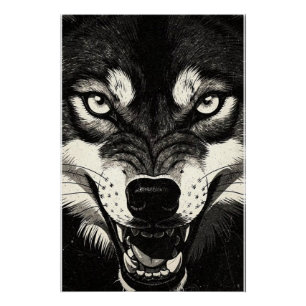 Póster Lobo Gruñón Estilo Gráfico 50s Negro Blanco