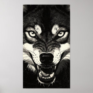Póster Lobo Gruñón Estilo Gráfico 50s Negro Blanco