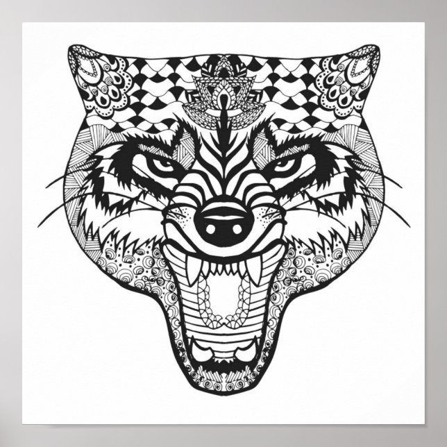 Póster Lobo inspirado por Zentangle (Frente)