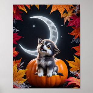 Póster Lobo lindo con luna creciente en la noche de otoño