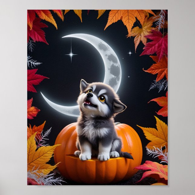 Póster Lobo lindo con luna creciente en la noche de otoño (Frente)