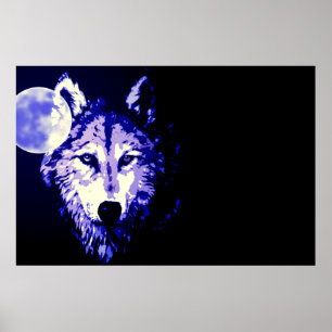 Póster Lobo Luna Llena Azul Negro