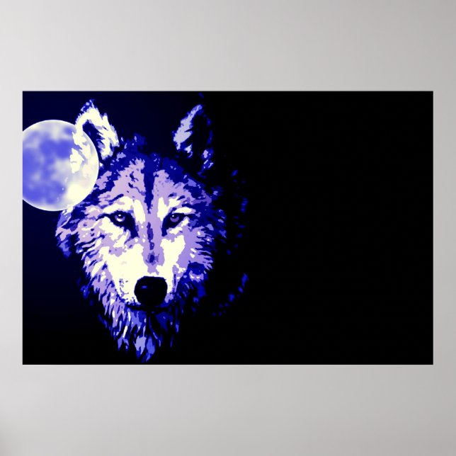 Póster Lobo Luna Llena Azul Negro (Frente)