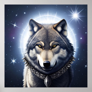 Póster Lobo Majestuoso Bajo Cielo Estrellado