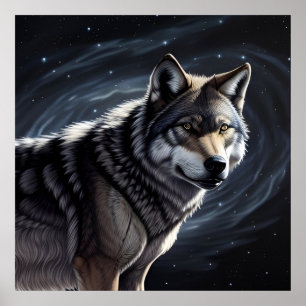 Póster Lobo Majestuoso Bajo Cielo Estrellado