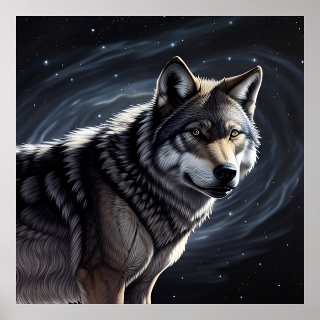 Póster Lobo Majestuoso Bajo Cielo Estrellado (Frente)