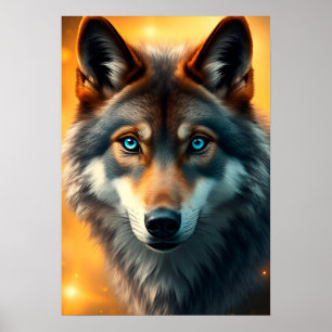 Póster Lobo majestuoso con ojos azules llamativos