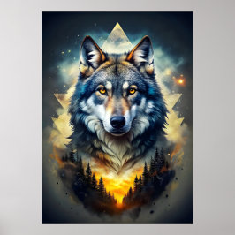 Póster Lobo majestuoso en bosque cósmico