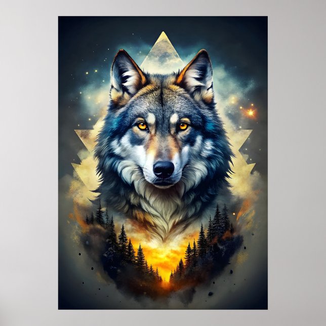 Póster Lobo majestuoso en bosque cósmico (Frente)