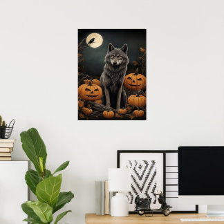 Póster Lobo majestuoso y calabazas bajo la luz de la luna