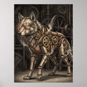 Póster Lobo Mecánico Steampunk Engranajes de Latón Victor