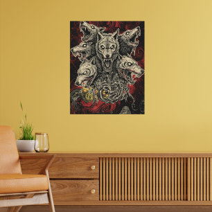 Póster Lobo mítico de varias cabezas en remolinos oscuros
