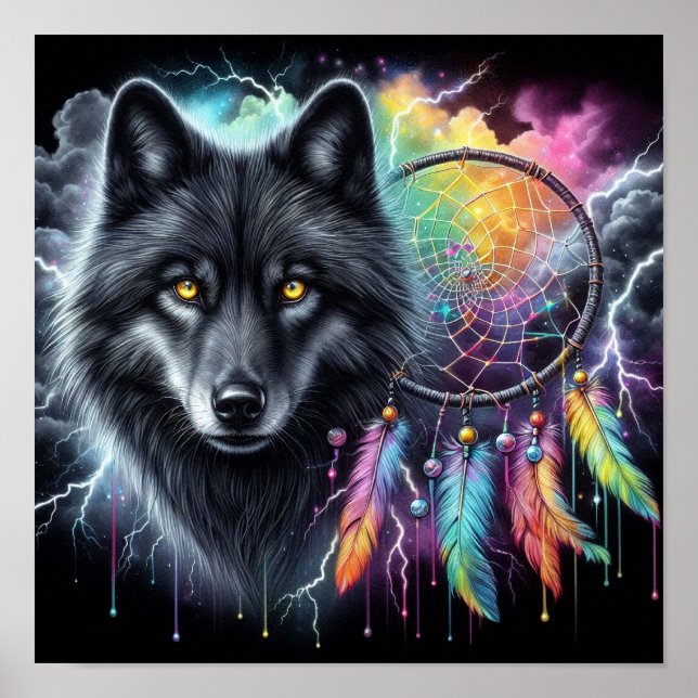 Póster Lobo negro con atrapasueños (Frente)