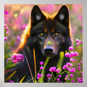 Póster Lobo negro con flores rosadas