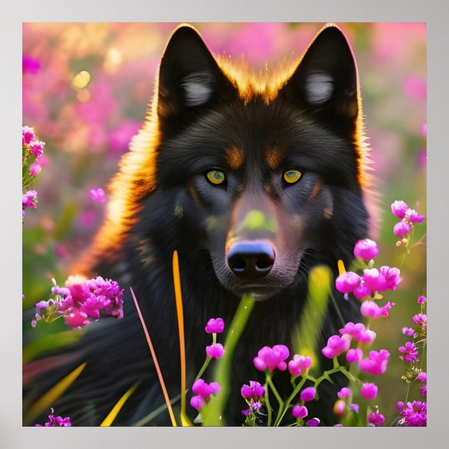 Póster Lobo negro con flores rosadas (Frente)