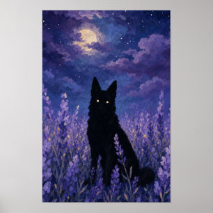 Póster Lobo Negro en Campo de Lavanda