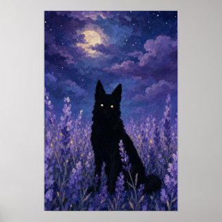 Póster Lobo Negro en Campo de Lavanda