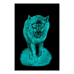 Póster Lobo negro enojado en la noche