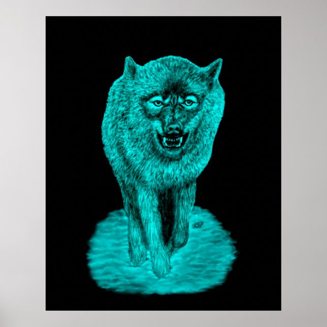 Póster Lobo negro enojado en la noche (Frente)