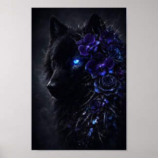 Póster Lobo Negro Gótico con Ojo Azul Brillante y Floral