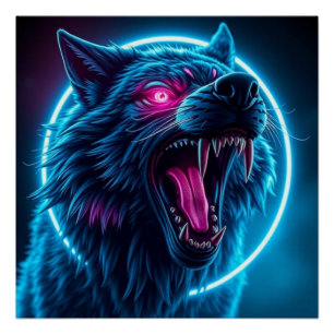 Póster Lobo Neon de Terror Ojos Brillantes Fantasía Oscur