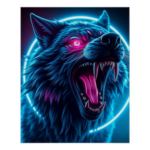Póster Lobo Neon de Terror Ojos Brillantes Fantasía Oscur