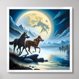 Póster lobo pintar el río luna noche oscura rock