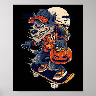 Póster Lobo skateboarding genial que lleva una calabaza d