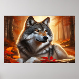 Póster Lobo solitario en el bosque: soledad en medio de l