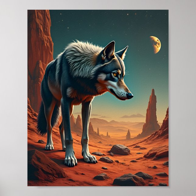 Póster Lobo solitario en el desierto del espacio de Marte (Frente)
