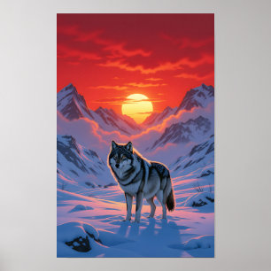 Póster Lobo Solitario Se Levanta Contra El Atardecer