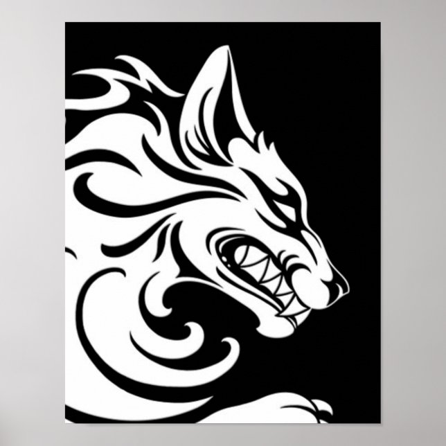 Póster Lobo tribal blanco y negro agresivo (Frente)