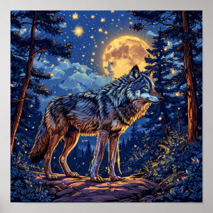 Póster Lobo y bosque lunar cielo nocturno naturaleza míst