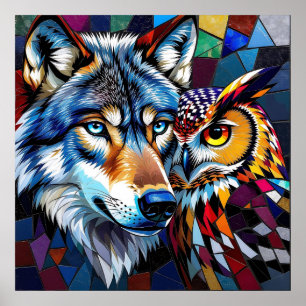 Póster Lobo y Búho Vibrantes y Coloridos