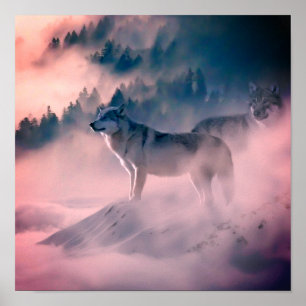 Póster lobos al amanecer