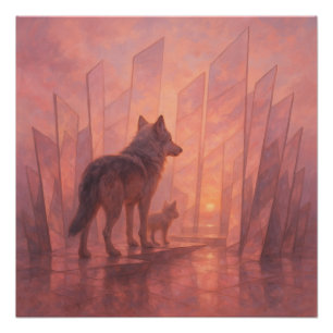 Póster Lobos en el camino del espejo al amanecer – GeoWil
