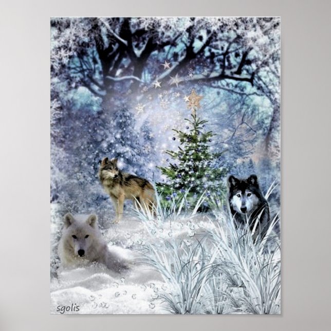 Póster Lobos en la Navidad de invierno en el bosque (Frente)