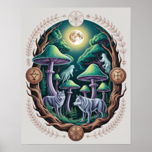 Póster Lobos encantados bajo la luz de la luna y hongos p