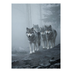 Póster Lobos Grises en Niebla Espesa