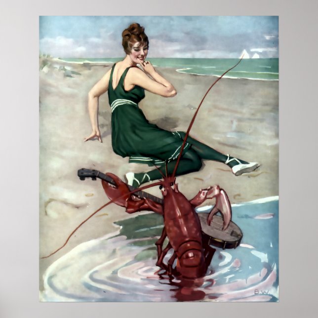 Póster Lobster con Chica de playa Banjo Serenading (Frente)