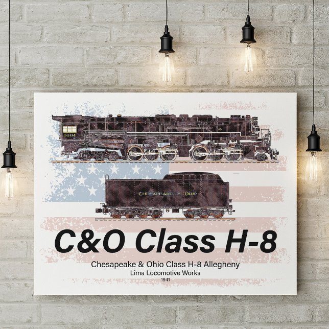 Póster Locomotora Allegheny C&O Clase H-8 - bandera ameri (C&O Class H-8 Allegheny Locomotive - American flag. Poster)