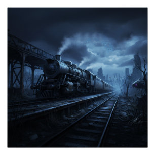 Póster Locomotora de Vapor en una Noche Oscura y Tormento