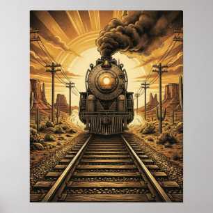 Póster Locomotora de vapor occidental vintage en el desie