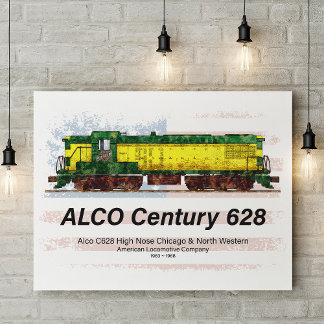 Póster Locomotora diésel Alco C-628 y bandera estadounide